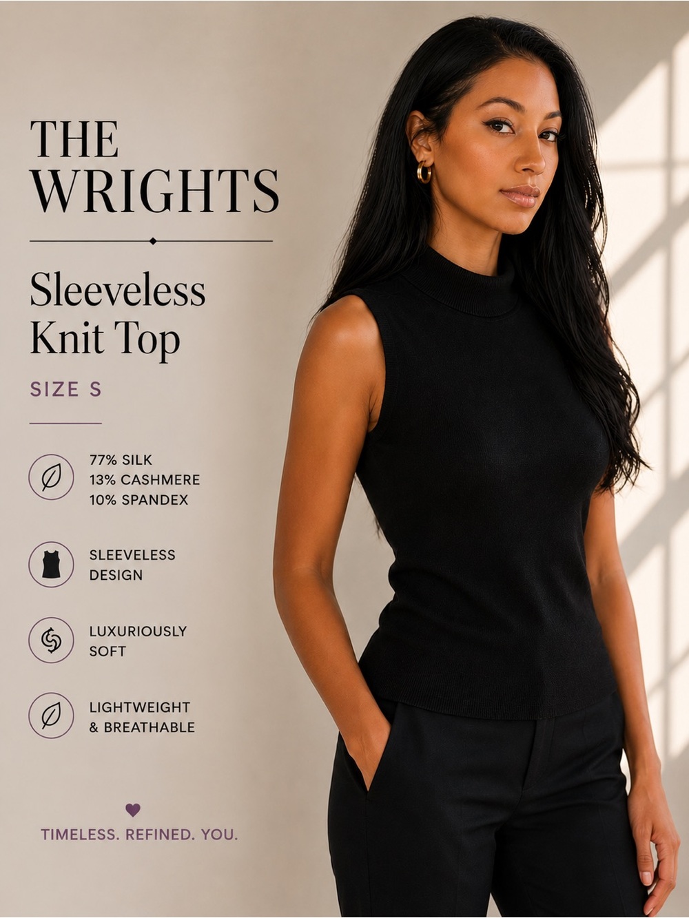The Wrights Black Silk Cashmere Sleeveless Mock Neck Top Size S